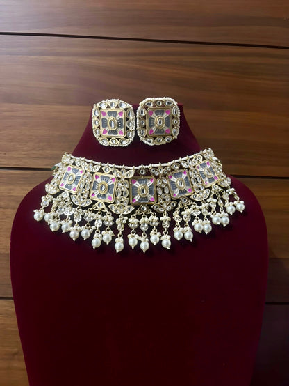 Karisma Kapoor inspired statement Golden kundan Meenakari pearl Choker set