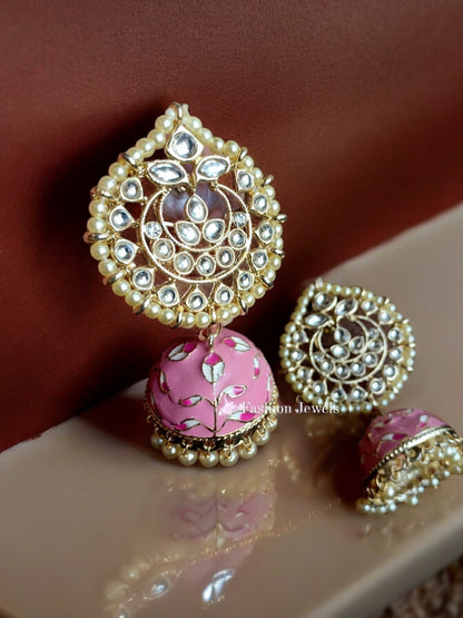 Golden Pastel Pink kundan Meenakari Jhumka