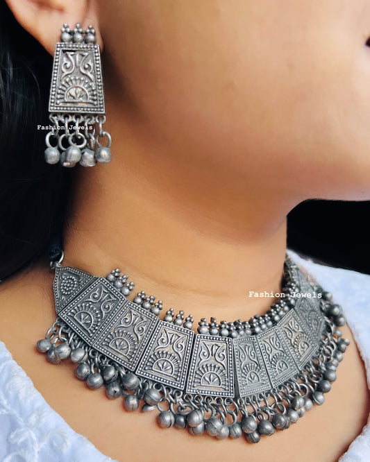 Ahana Silver Ghunghroo Statement Choker set - Fashion Jewels