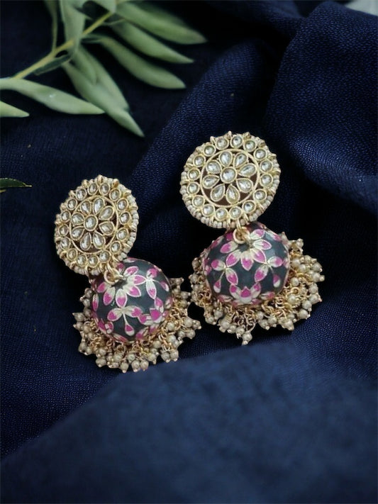 Anira Golden kundan grey Meenakari jhumka - Fashion Jewels