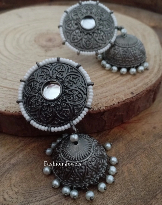 Anita Blackmetal intricate pearl Jhumka - Fashion Jewels