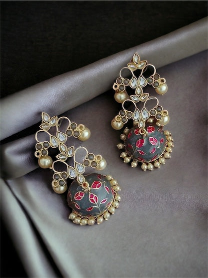 Aradhya Golden kundan Grey Meenakari pearl Jhumka - Fashion Jewels