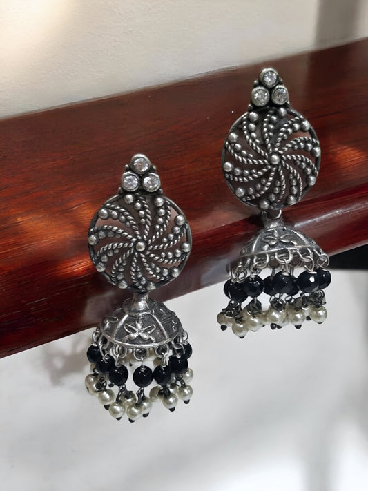 Shami Silverlook alike brass Zircon Pearl Silver Jhumka