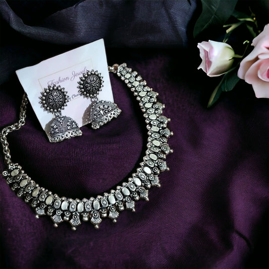 Beautiful German Silver Jhumka Necklace set - Fashion Jewels