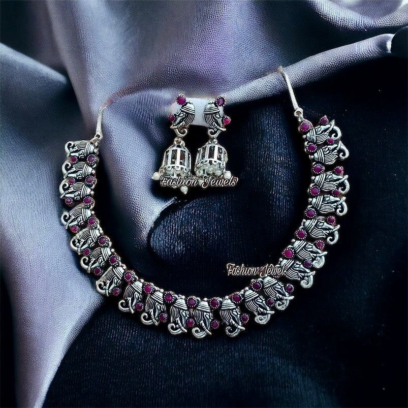 Beautiful Ruby Silver Ganesha Necklace Set - Fashion Jewels