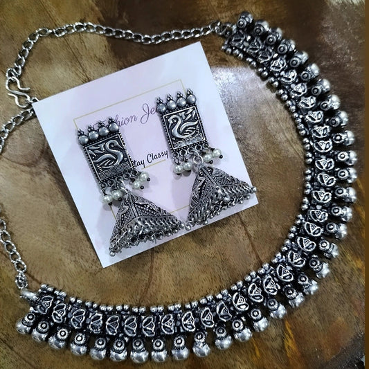 Beautiful Silver Necklace and designer Jhumka Combo set - Fashion Jewels