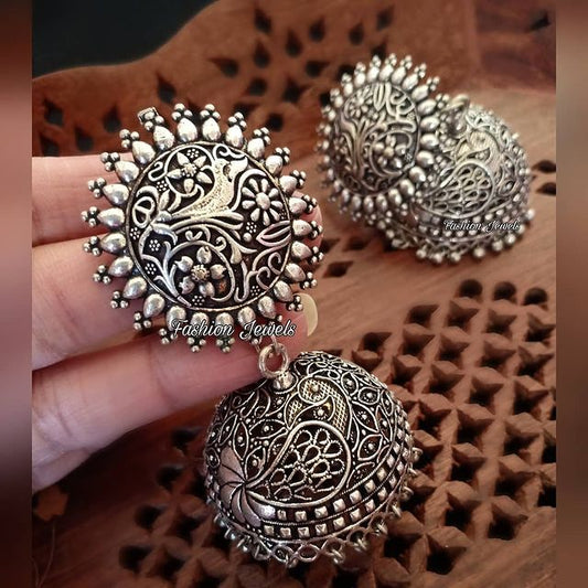 Beautiful Silver intricate peacock Jhumka - Fashion Jewels