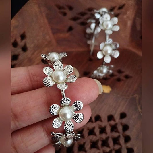 Beautiful flower designed pearl hoops - Fashion Jewels
