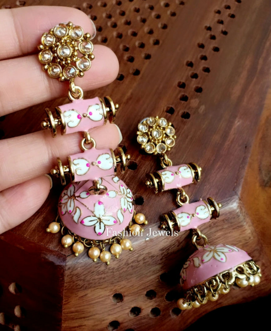 Beautiful pastel pink Meenakari pearl Jhumka - Fashion Jewels