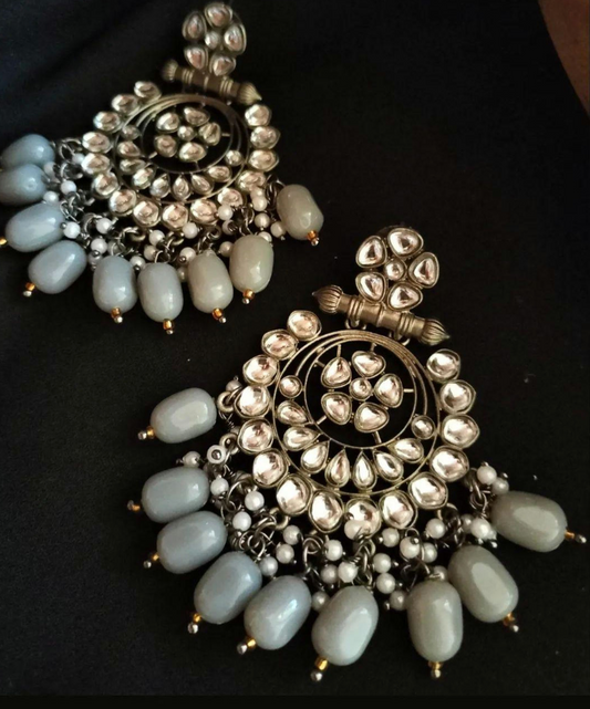 Blackmetal Kundan pearl Grey beads Chandbali - Fashion Jewels