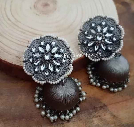Blackmetal flower kundan pearl Jhumka - Fashion Jewels
