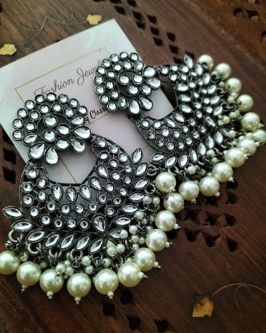 Blackmetal kundan lightweight pearl chandbali - Fashion Jewels