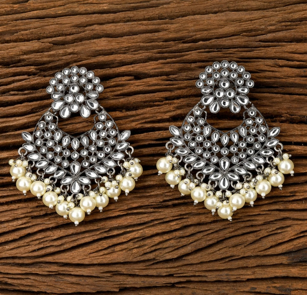 Blackmetal kundan lightweight pearl chandbali - Fashion Jewels