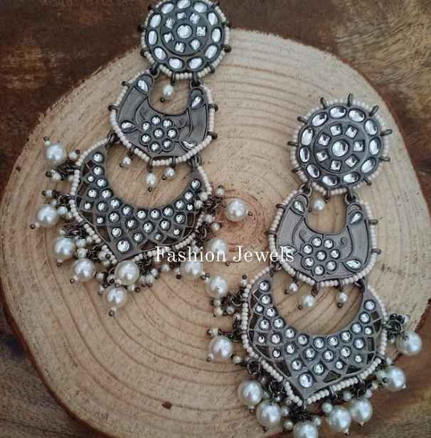 Blackmetal kundan pearl long lightweight Chandbali - Fashion Jewels