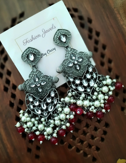 Blackmetal pearl red beads hanging earring - Fashion Jewels