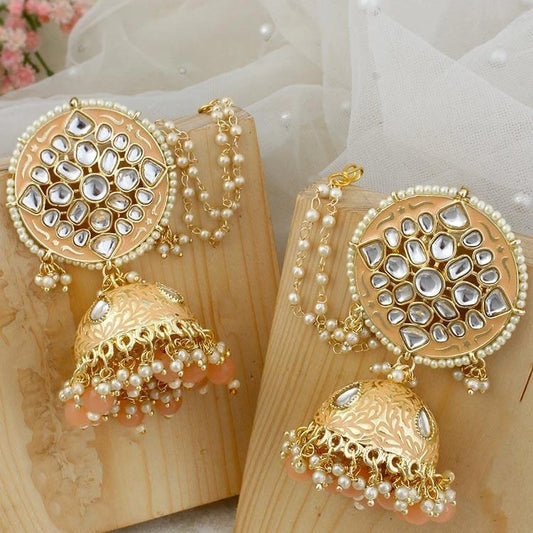 Bollywood inspired High quality Kundan pearl Peach beads sahara Jhumka - Fashion Jewels