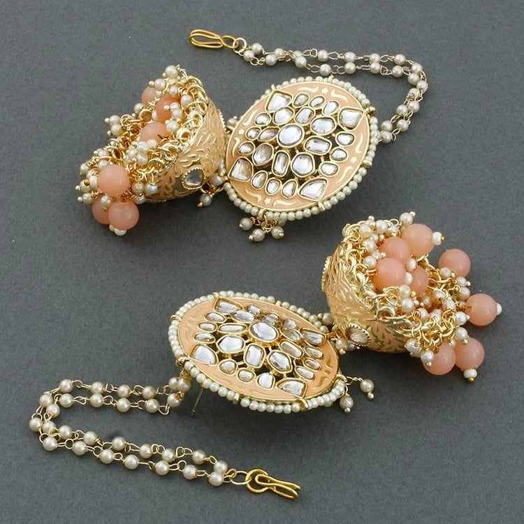 Bollywood inspired High quality Kundan pearl Peach beads sahara Jhumka - Fashion Jewels