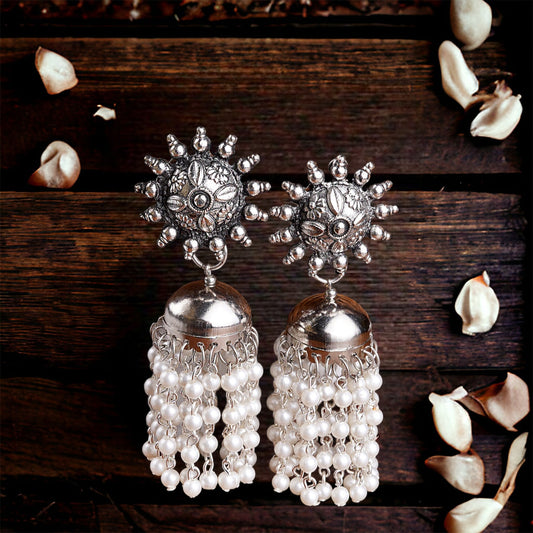 Deesha pearl hanging silver Jhumkas - Fashion Jewels