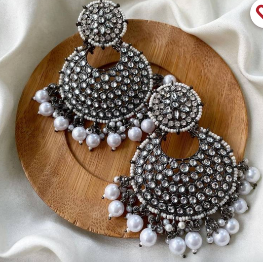 Disha Kundan pearl blackmetal Chandbali - Fashion Jewels