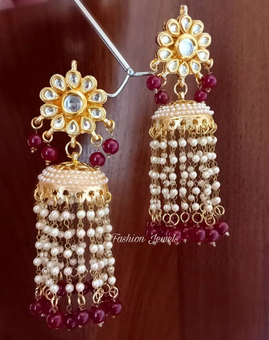 Diya Kundan Pearl Hanging Maroon beads Jhumka - Fashion Jewels