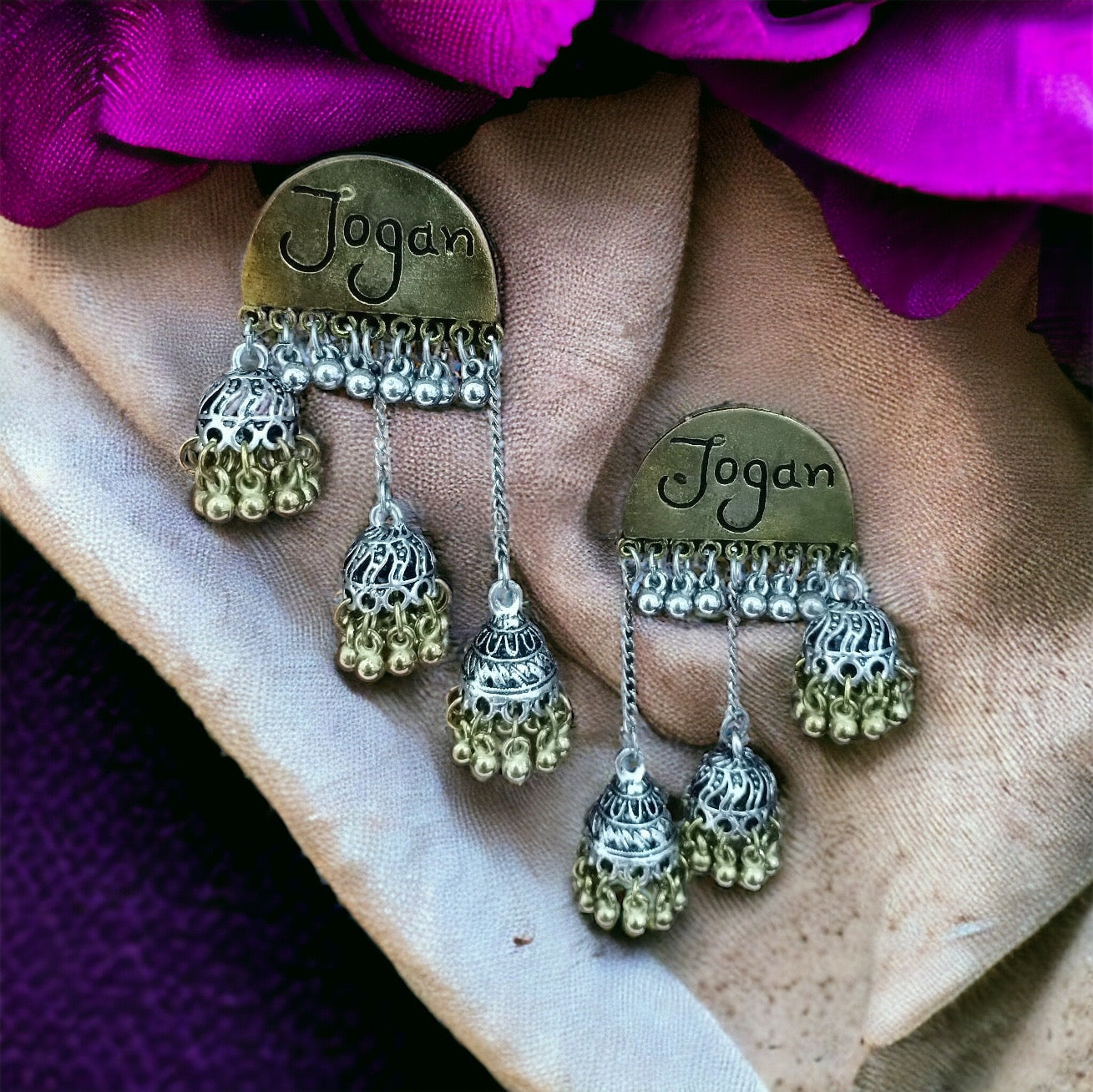 Dualtone Jogan Scripted Triple Jhumki Earrings - Fashion Jewels