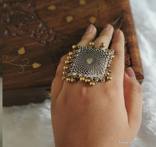 Dualtone Square Ghunghroo Ring - Fashion Jewels