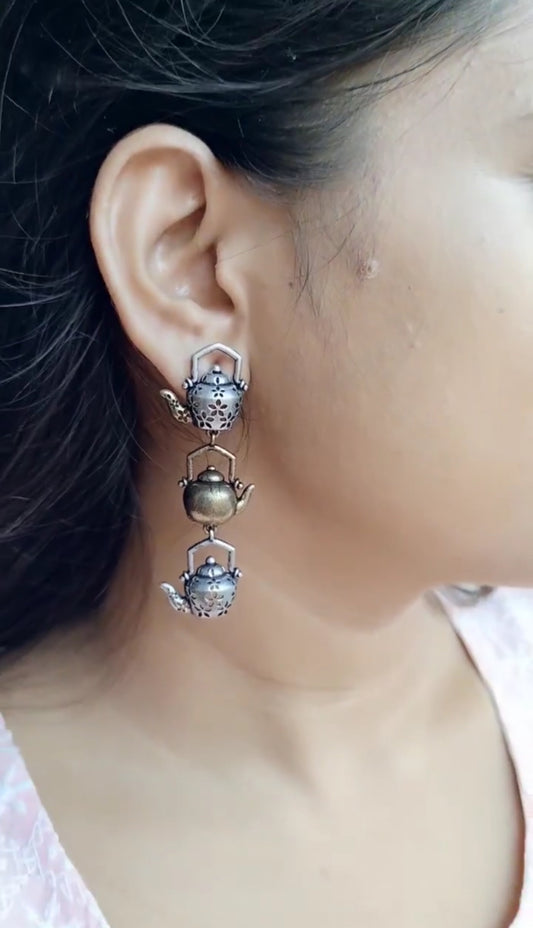 Dualtone quirky Tea Kettle Earring - Fashion Jewels