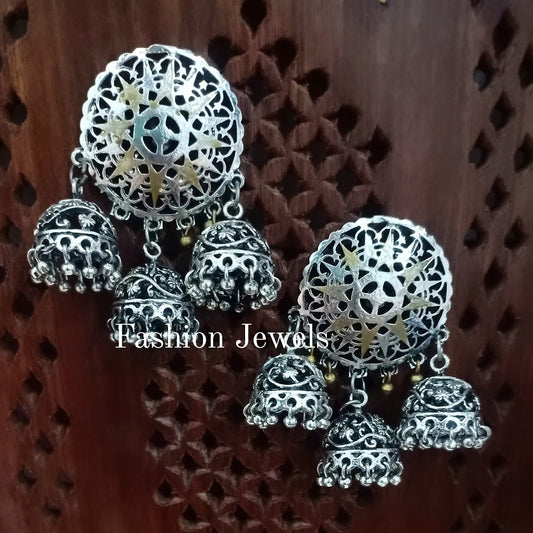 Dualtone round stud triple jhumki earrings - Fashion Jewels