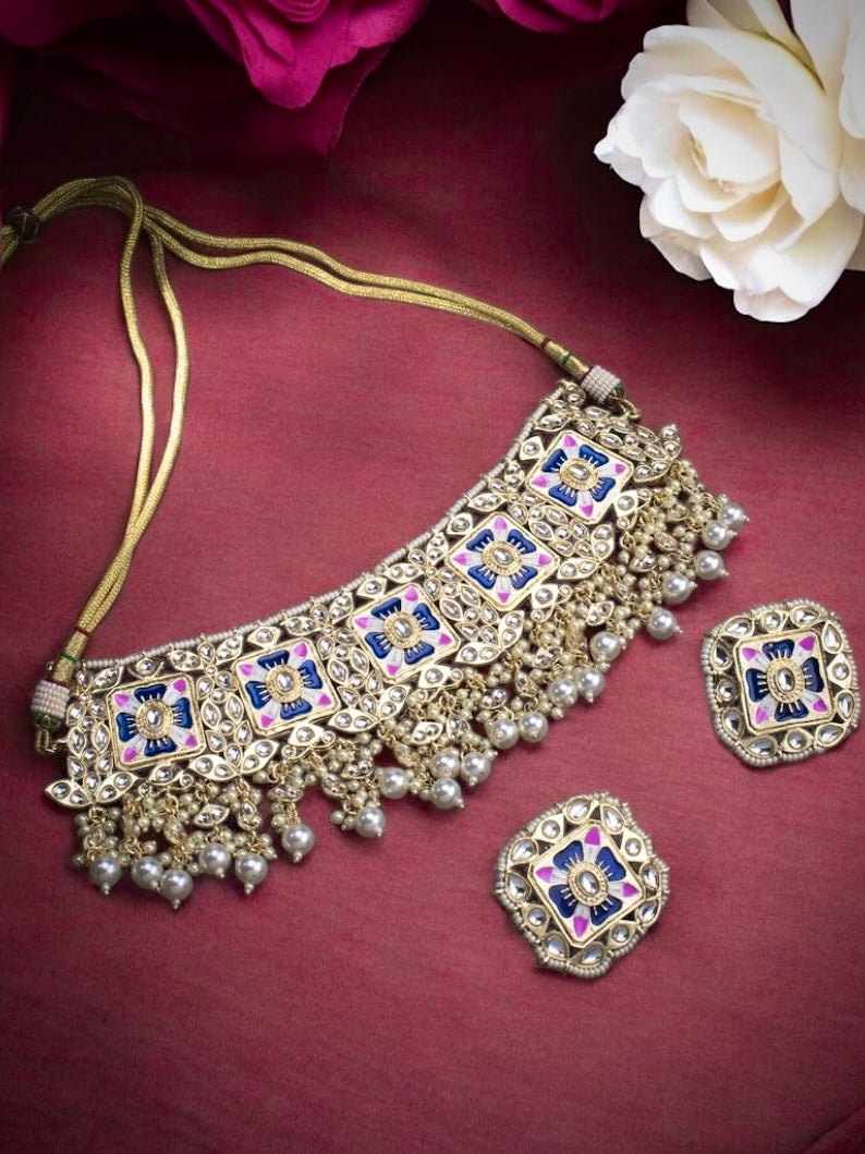 Karisma Kapoor inspired statement Golden kundan Meenakari pearl Choker set