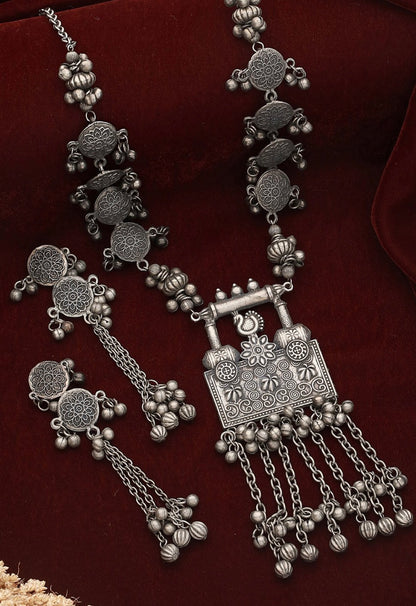 Silver oxidised long Statement Ghunghroo Necklace set