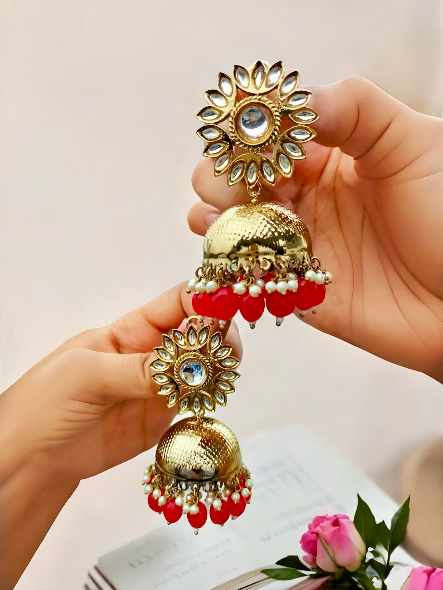 Premium golden Kundan sunflower design red beads jhumka