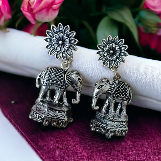 German Silver Elephant flower stud Earring - Fashion Jewels