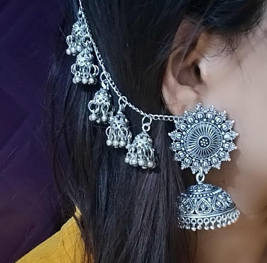 German Silver Jhumka with Jhumki Ear Chain - Fashion Jewels