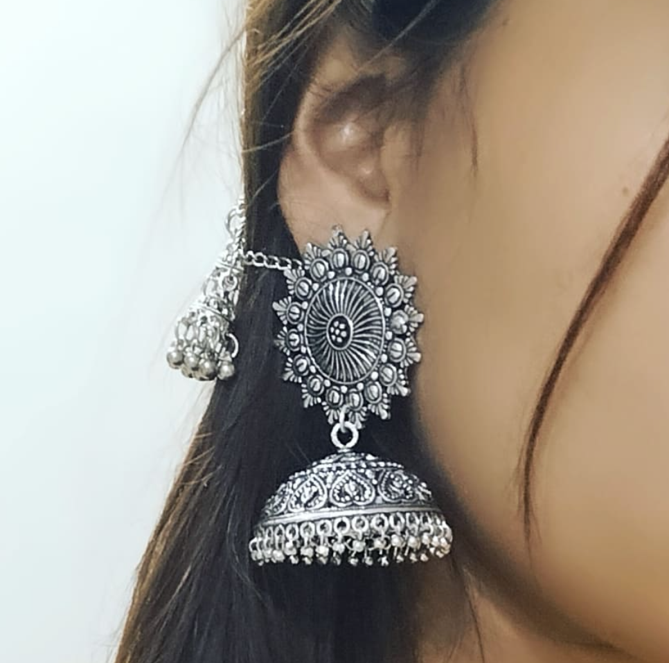 German Silver Jhumka with Jhumki Ear Chain - Fashion Jewels