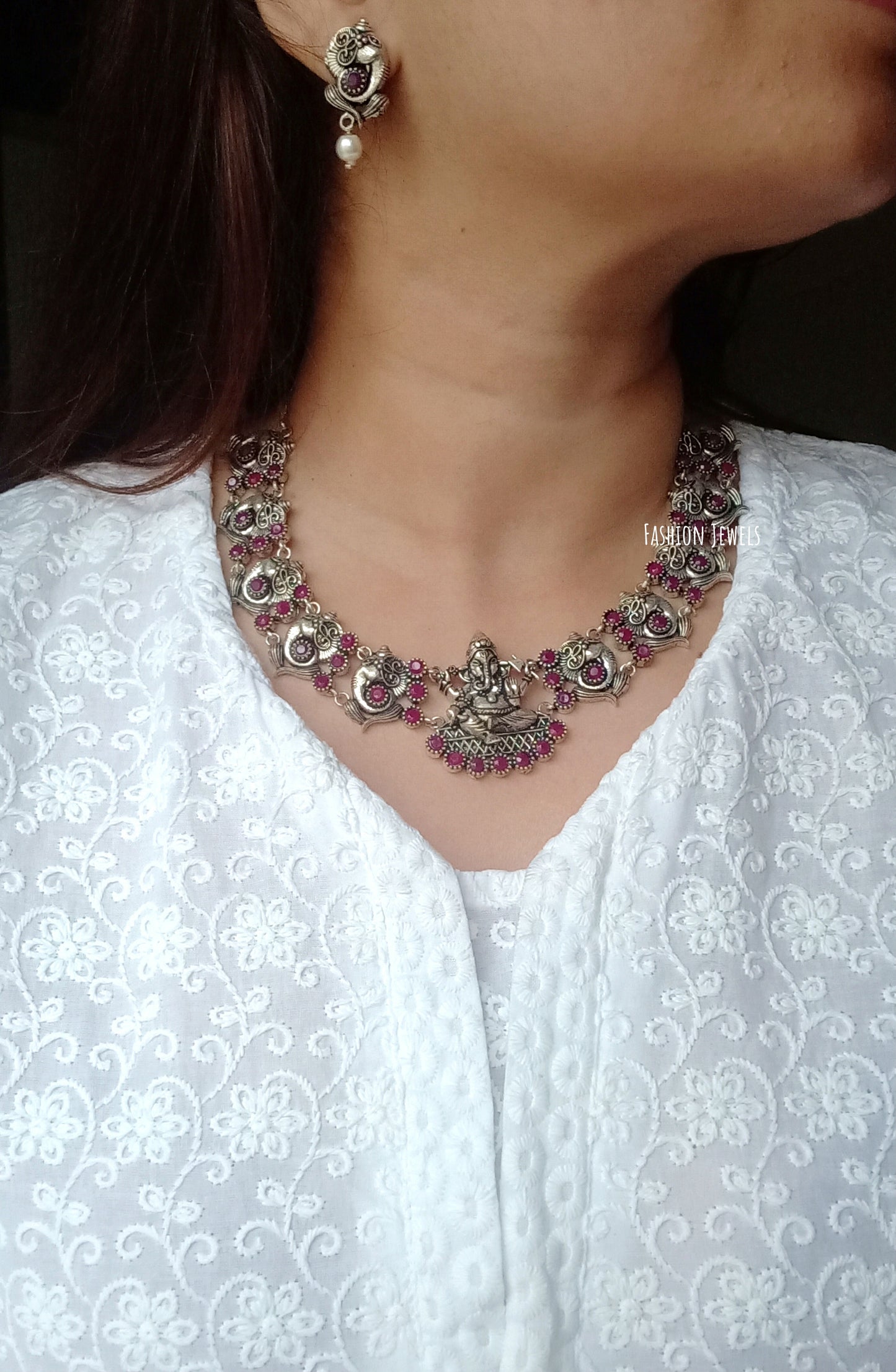 German Silver Ruby Ganesha Pearl Set - Fashion Jewels