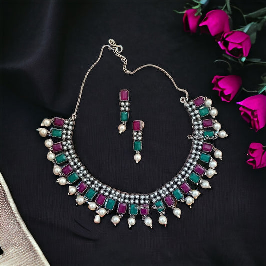 German Silver Ruby and Green stone pearl Necklace set - Fashion Jewels