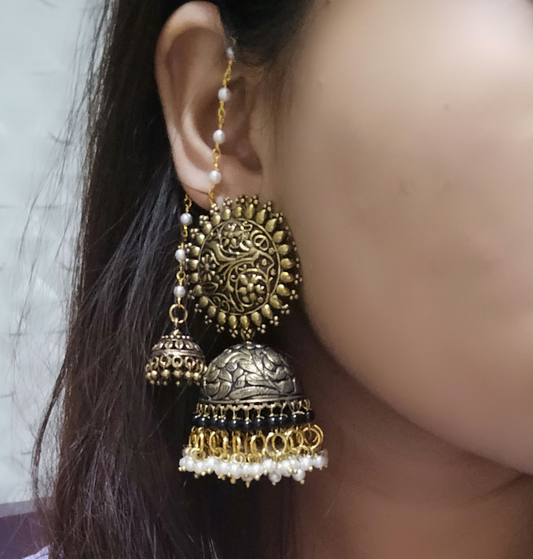 Golden Intricate pearl Jhumka with Jhumki Ear Chain - Fashion Jewels