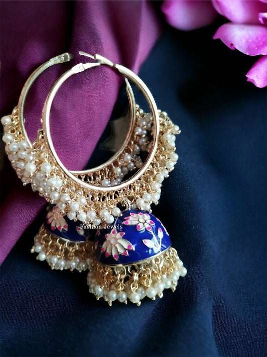 Golden Kundan blue meenakari pearl hoop jhumka - Fashion Jewels