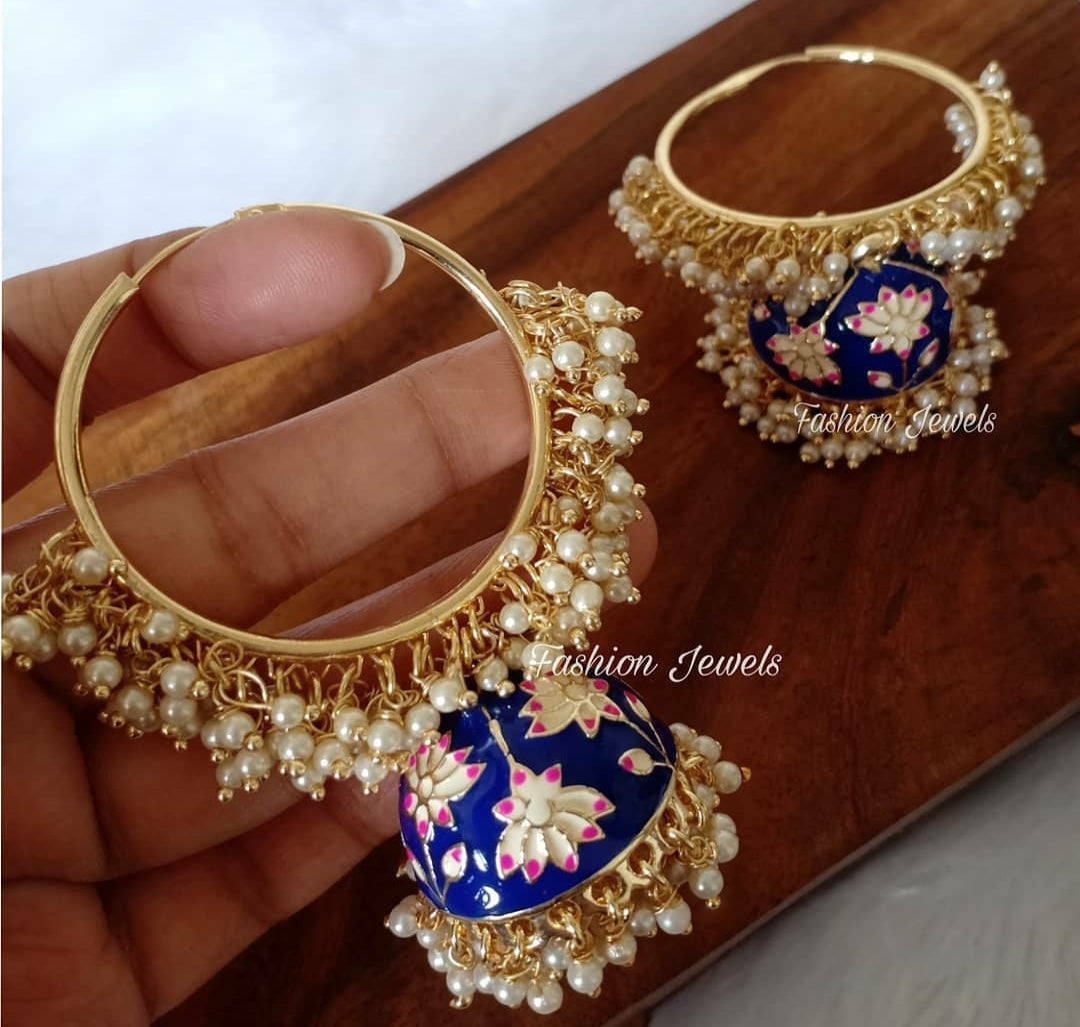 Golden Kundan blue meenakari pearl hoop jhumka - Fashion Jewels
