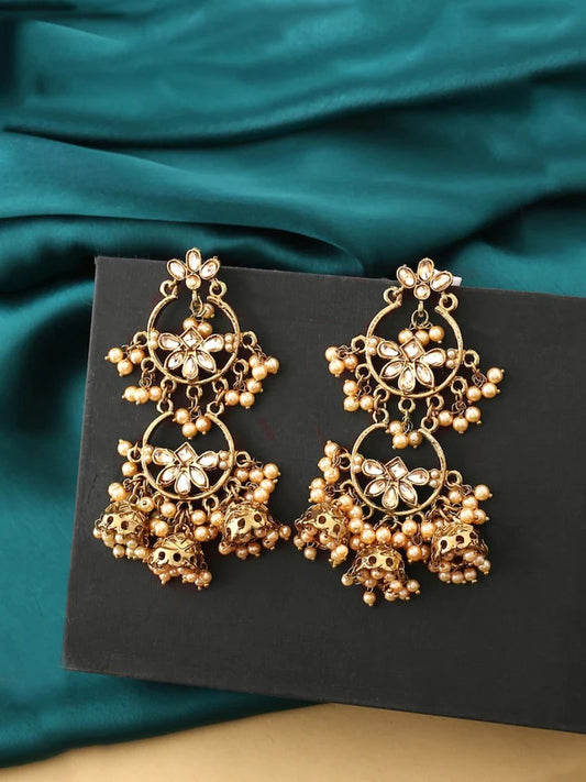 Golden Kundan pearl Triple statement jhumki earrings - Fashion Jewels