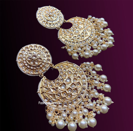Golden Kundan pearl statement chandbali - Fashion Jewels