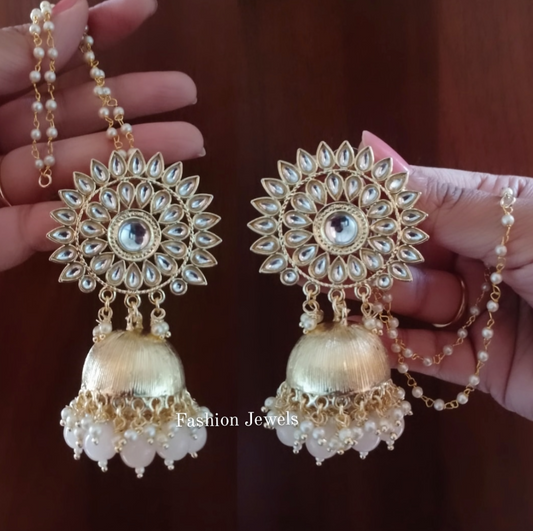 Golden Matte Kundan pearl pastel beads jhumka with pearl Sahara - Fashion Jewels