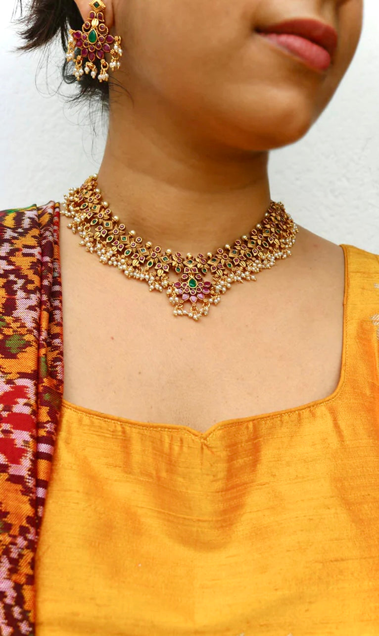 Golden Premium quality Guttapusalu kemp Pearl Necklace set - Fashion Jewels