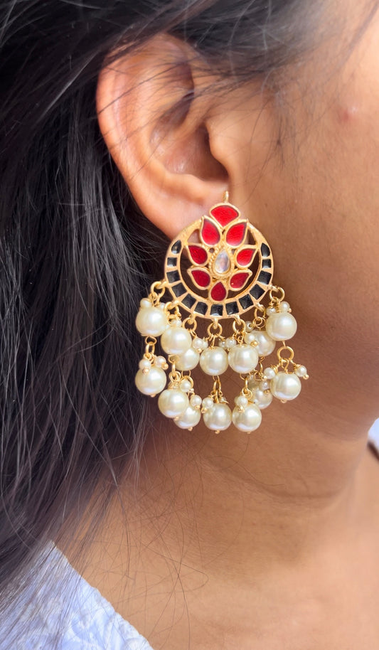 Golden Red and black kundan pearl hangings - Fashion Jewels
