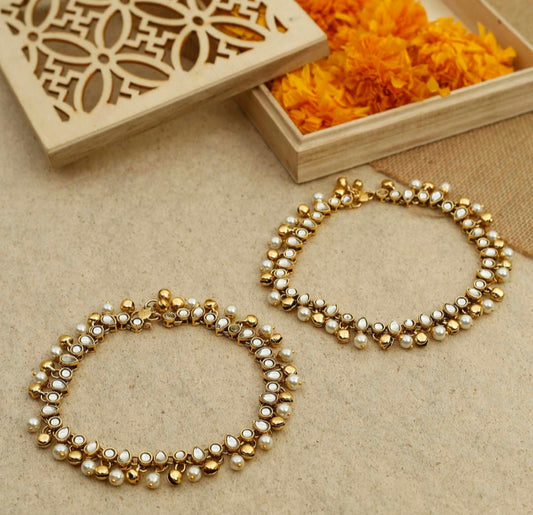 Golden Wedding pearl and Ghunghroo Anklet - Fashion Jewels