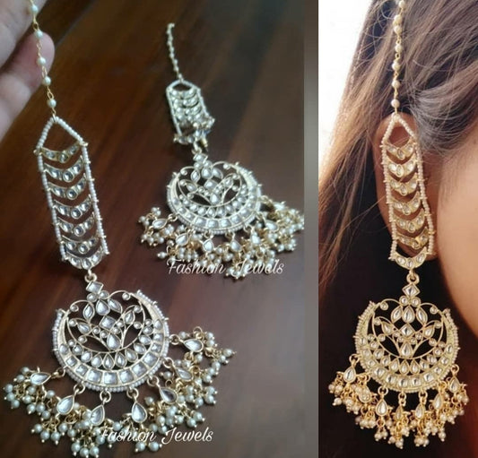 Golden kundan Chandbali with pearl sahara - Fashion Jewels