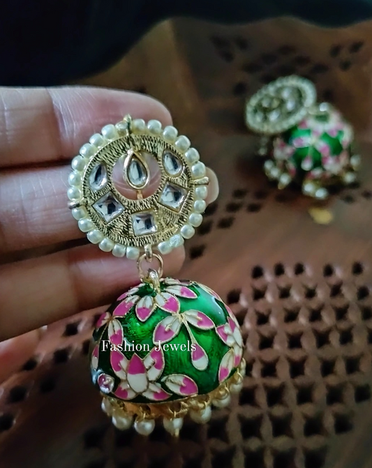 Golden kundan Green Meenakari Pearl Jhumka - Fashion Jewels