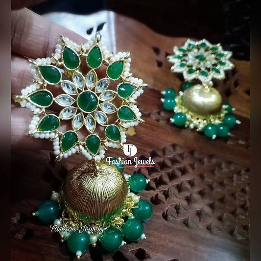 Golden kundan Green beads matte Jhumka - Fashion Jewels