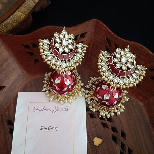 Golden kundan Maroon Chand designed Pearl Jhumka - Fashion Jewels