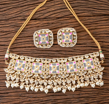 Golden kundan Meenakari pearl Choker set - Fashion Jewels